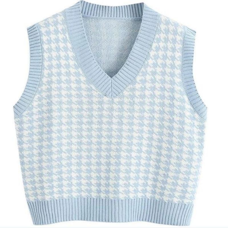 Model de tricot cu pulover vestă fără mâneci fără guler cu gât în ​​V