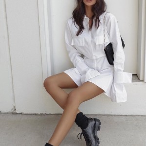 Rochie albă franceză cu talie și manșete și file lungi pentru femei 2023 Nou design talie și fustă cu mâneci lungi solide