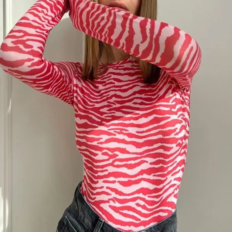 Tricou cu imprimeu rotund în stil european și american, cămașă cu dungi subțiri cu dungi subțiri
