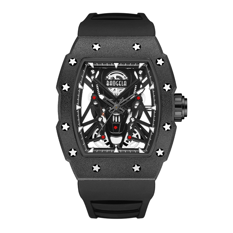 BAOGELA Silver Black Sport Quartz Ceas pentru bărbați Tonneau Dial analog Analog Impermeabil cu curea siliconică Mâini luminoase 4145