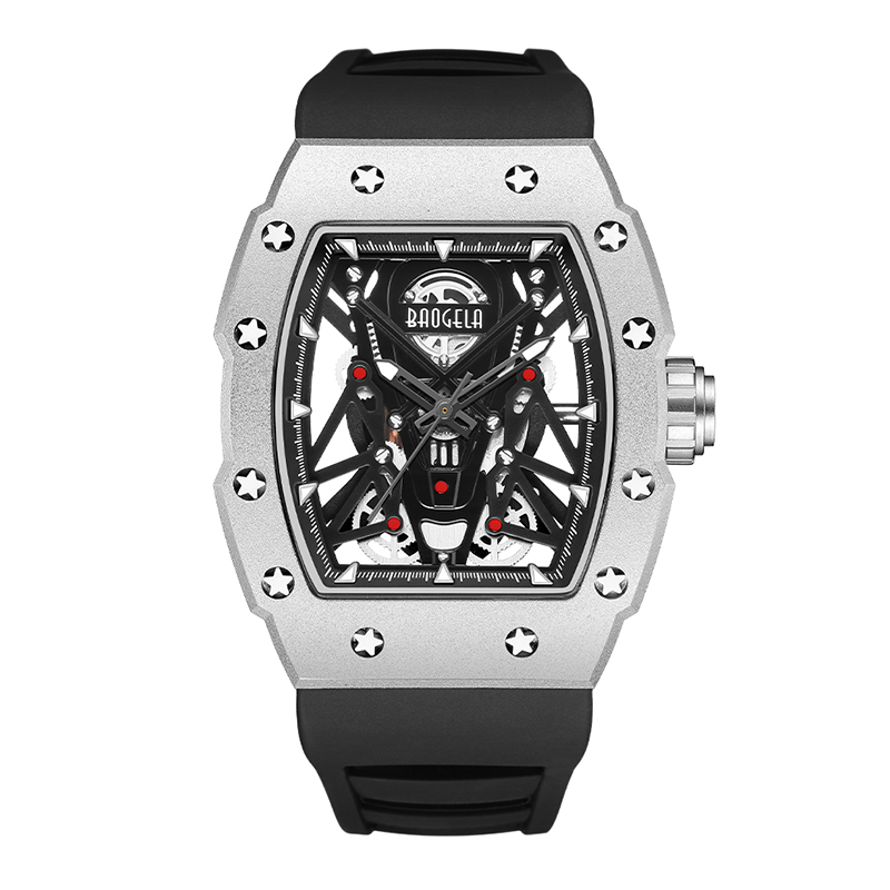 BAOGELA Silver Black Sport Quartz Ceas pentru bărbați Tonneau Dial analog Analog Impermeabil cu curea siliconică Mâini luminoase 4145