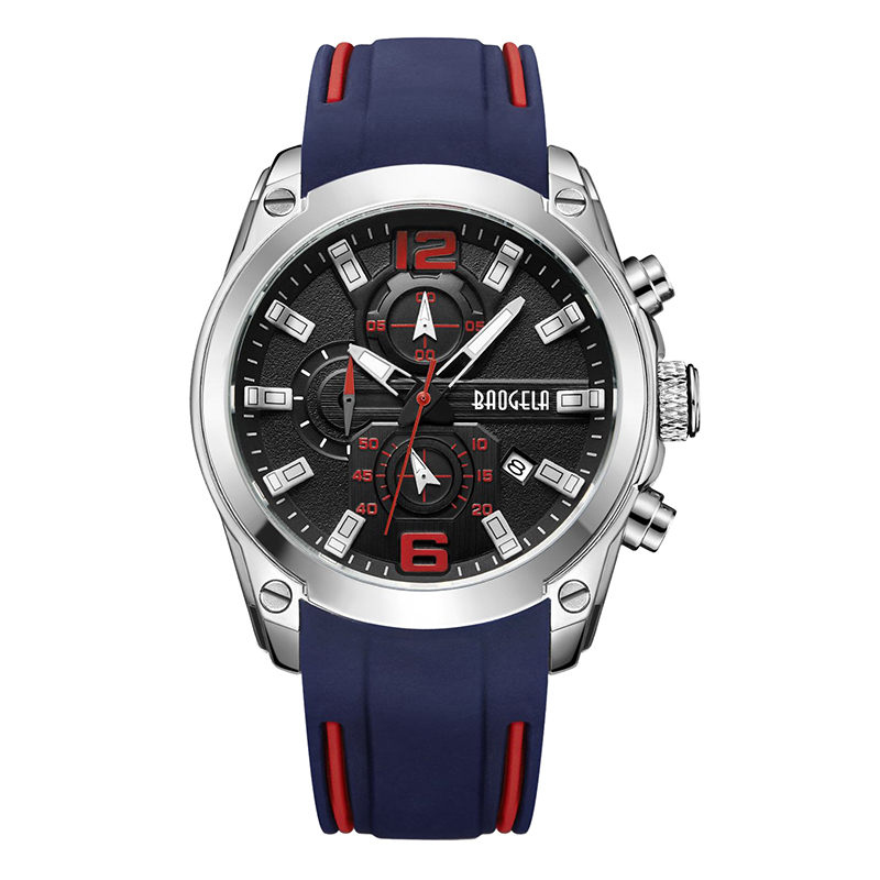 Ceas de cuarț analog Baogela Chronograph With With With Hands Luminous Hands Handus Waters Waterproof Silicon Cutru Wristswatch pentru bărbat albastru 22609