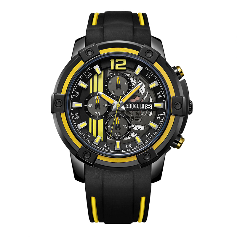 Baogel Men \\ Silicon cu cureaneagră cu curea de cuarț ceasuri cronograf Sports Wristwatch for Man 3Atm Watersproof Luminous Hands Yellow 22701