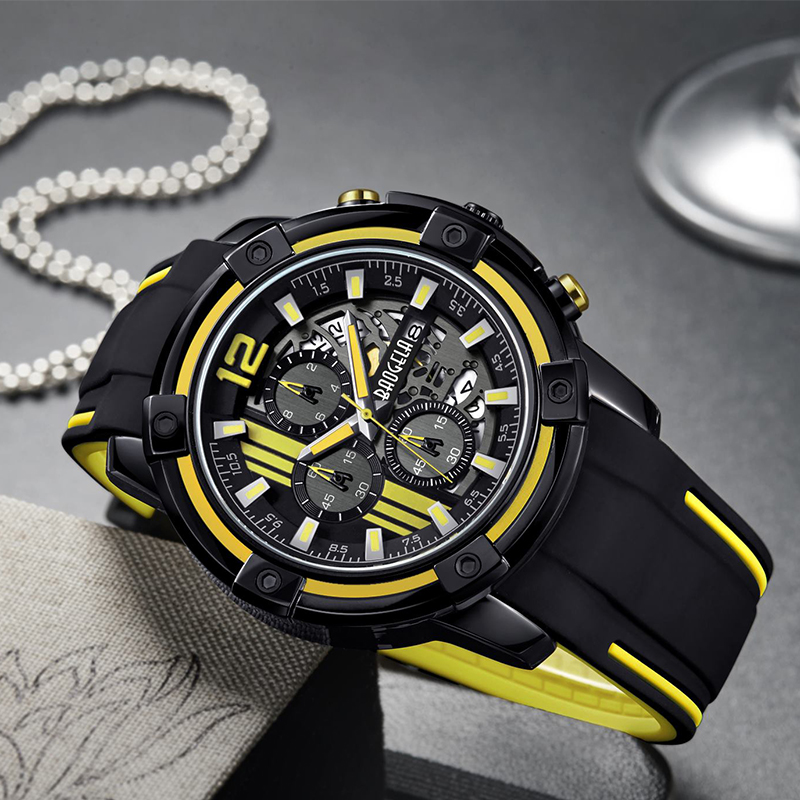Baogel Men \\ Silicon cu cureaneagră cu curea de cuarț ceasuri cronograf Sports Wristwatch for Man 3Atm Watersproof Luminous Hands Yellow 22701