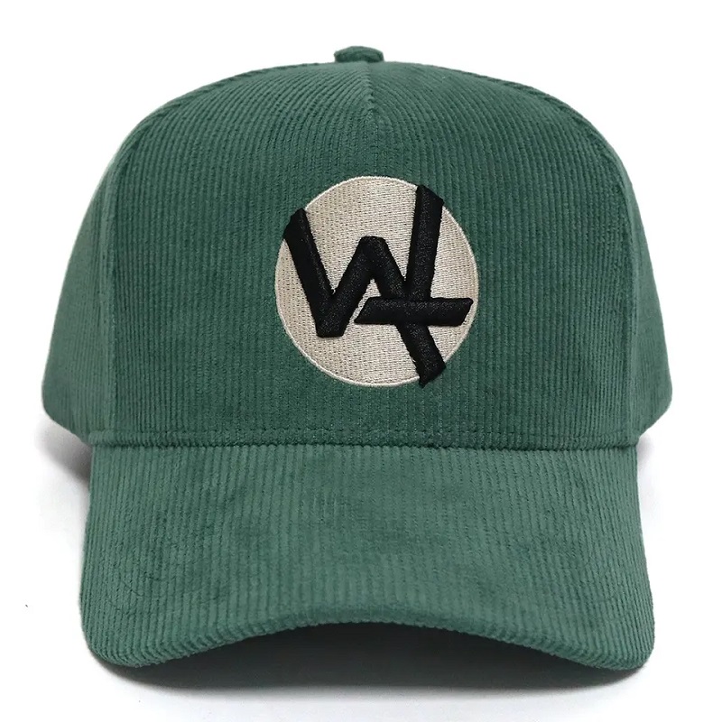 Capace de baseball la fabrică Direct 5 Panou Cap Cap Baseball Green Corduroy Pat cu 3D Puff Brodery Logo Botton Sweat Band Caps de iarnă