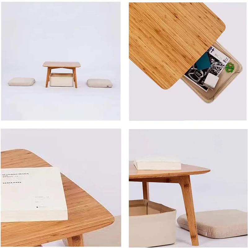 O masă de ceai joasă stă pe podeaua unui mobilier pătrat de bambus de masă tatami tatami