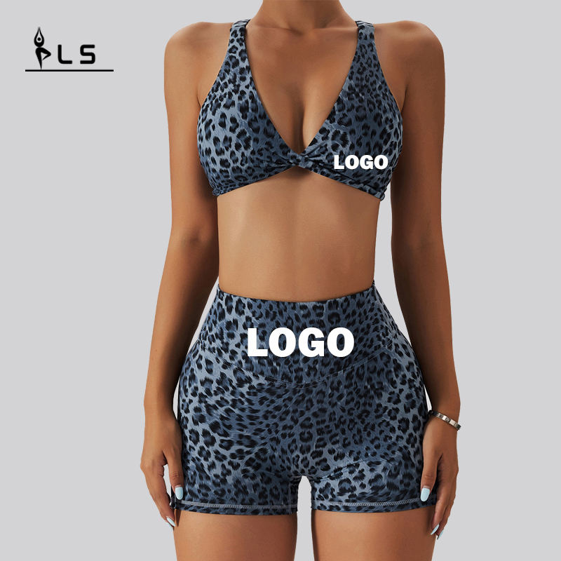 SC1066 Femei \\ Yoga setează leopard tipărit sutien sport și sport pantaloni scurți care rulează costum de yoga fitness woman 2024