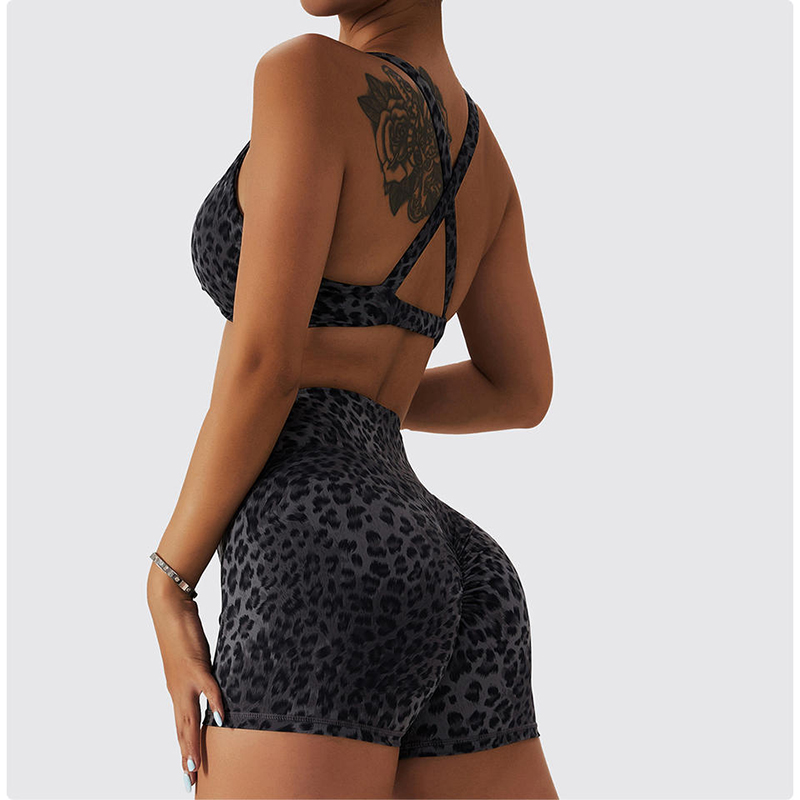 SC1066 Femei \\ Yoga setează leopard tipărit sutien sport și sport pantaloni scurți care rulează costum de yoga fitness woman 2024