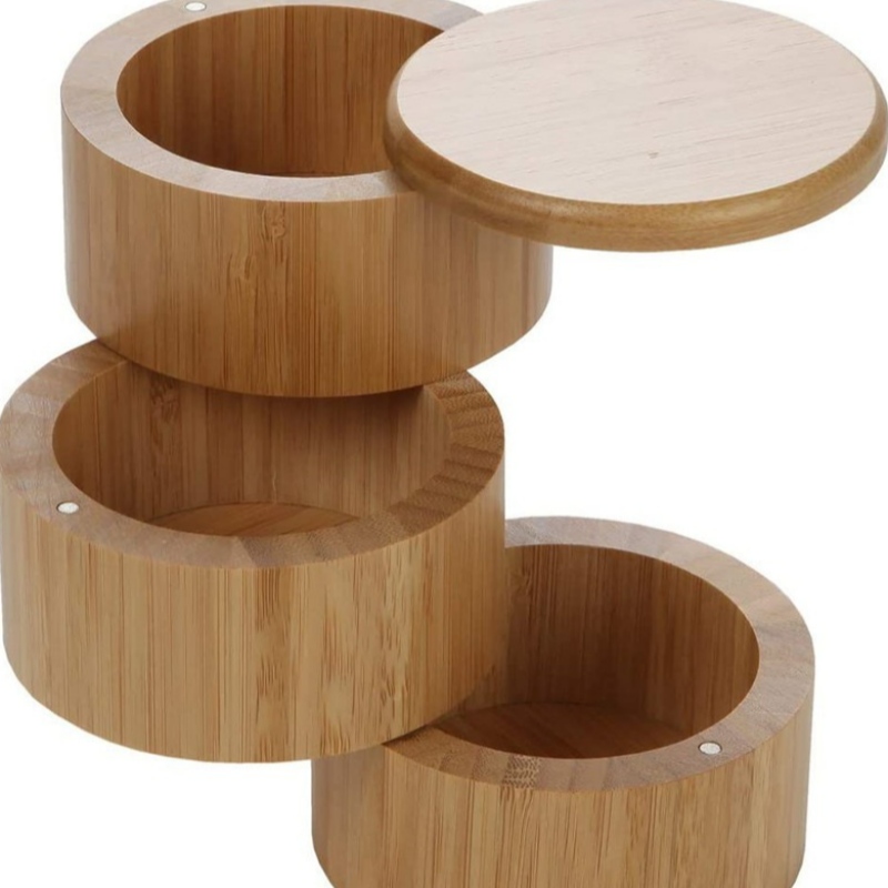 3niveluri de sare de bambus, cutie de condimente de bambus cu magnetic