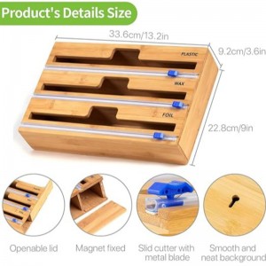 3 în 1 distribuitor de înveliș cu tăietor, înveliș din plastic, folie de aluminiu și distribuitor de hârtie de ceară pentru sertarul de bucătărie, suportul organizatorului de bambus, compatibil cu rola de 12 \\\\ \\\