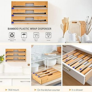 3 în 1 distribuitor de înveliș cu tăietor, înveliș din plastic, folie de aluminiu și distribuitor de hârtie de ceară pentru sertarul de bucătărie, suportul organizatorului de bambus, compatibil cu rola de 12 \\\\ \\\