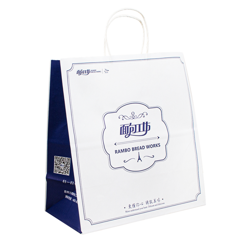 Geantă de hârtie albnegru cu logo, pungi de hârtie de kraft maro reciclate cu mâner, geantă de cumpărături personalizate cu hârtie cu propriul logo