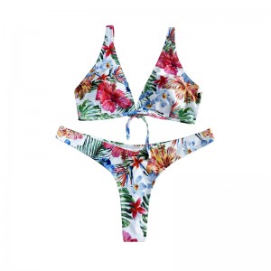 Costum de baie din două piese cu arc etnic floral în stil etnic cu curea largă