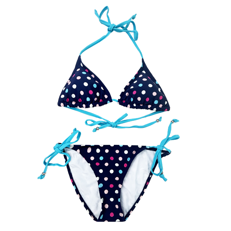 Navy albastru multicolor polka dot halter curea din două piese costum de baie