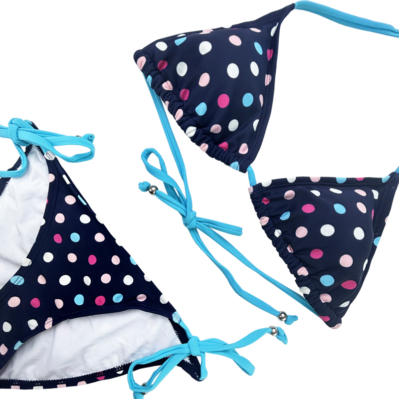 Navy albastru multicolor polka dot halter curea din două piese costum de baie