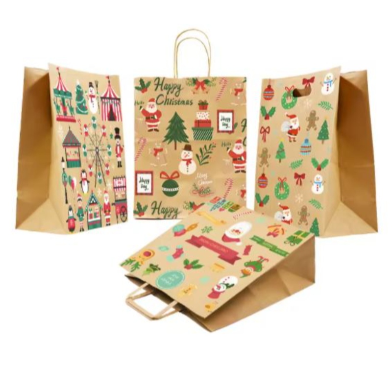 Genti de hârtie de Crăciun maro cu mânere răsucite pungi de cadouri festive personalizate cu proprii ecusonuri cu ridicata pentru hârtie cu ridicata