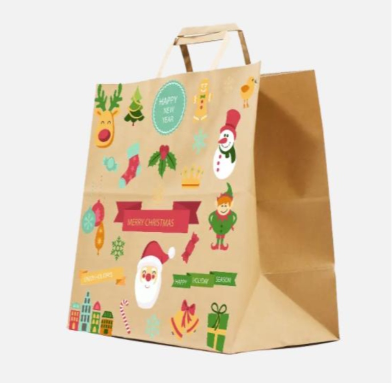 Genti de hârtie de Crăciun maro cu mânere răsucite pungi de cadouri festive personalizate cu proprii ecusonuri cu ridicata pentru hârtie cu ridicata