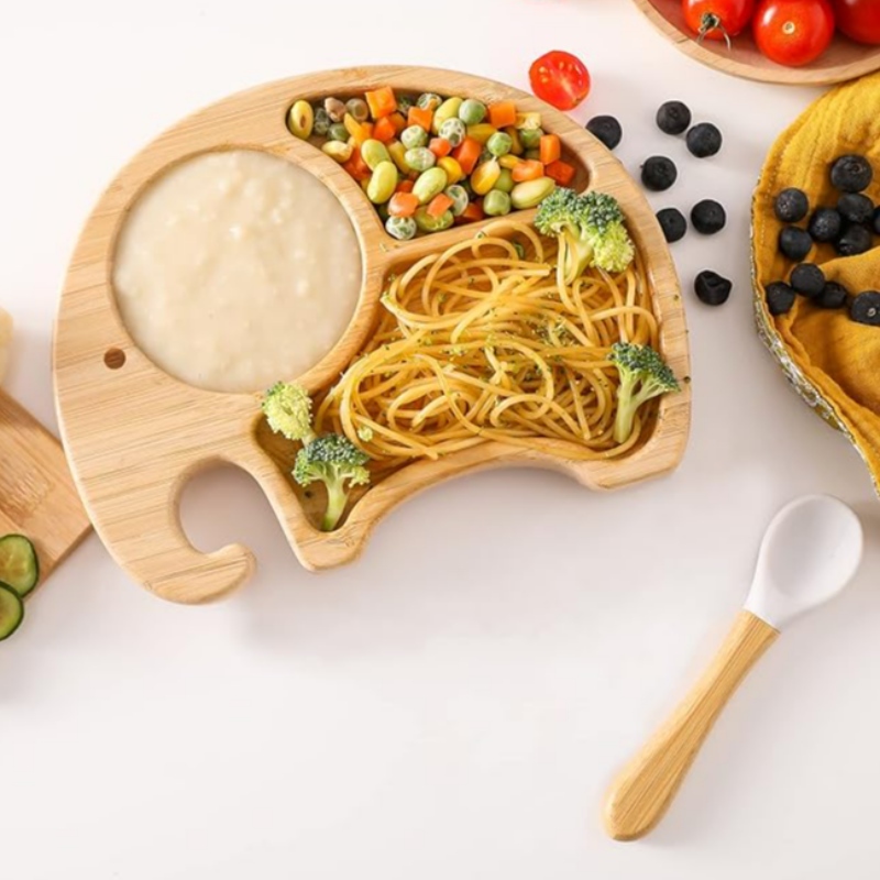 Bamboo Elephant Plate Bowl și Spoon Set pentru copii pentru copii pentru copii pentru copii, farfurie de aspirație