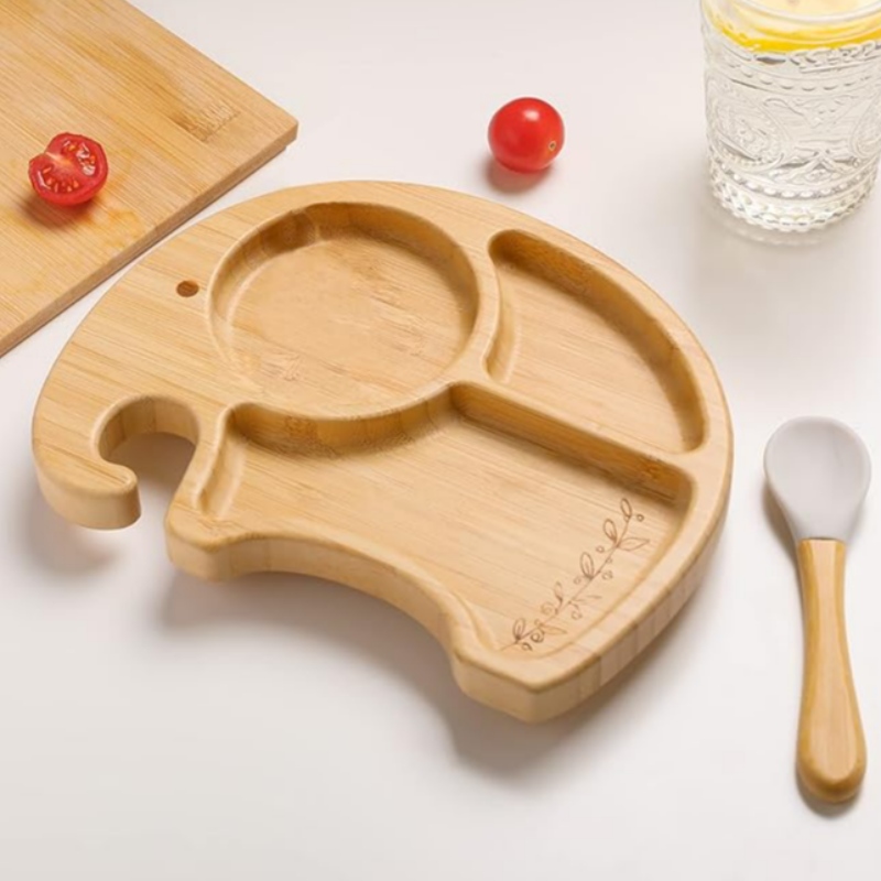 Bamboo Elephant Plate Bowl și Spoon Set pentru copii pentru copii pentru copii pentru copii, farfurie de aspirație