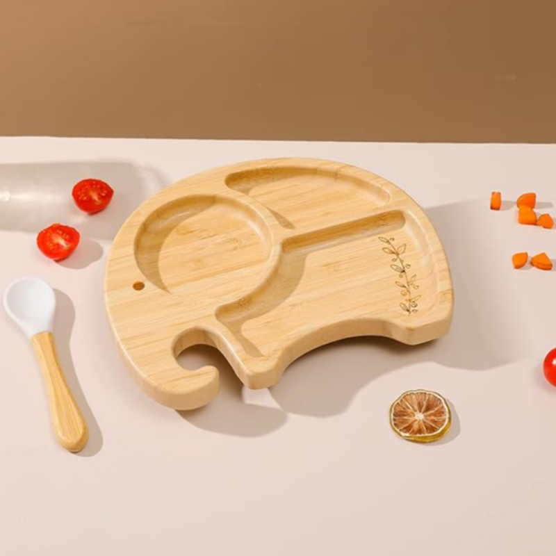 Bamboo Elephant Plate Bowl și Spoon Set pentru copii pentru copii pentru copii pentru copii, farfurie de aspirație