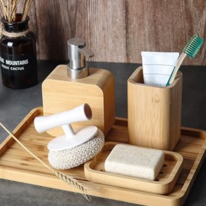 Chiuvetă de bambus handmade&seturi de accesorii pentru baie Retro Set retro,natural, suport pentru mâncare pentru săpun pentru duș, distribuitor de săpun de loțiune, cupa cu apă de gură, cană de clătire, tavă organizator pentr...