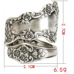 Hongde 925 Sterling Silver Inel cu lingura oxidat Inel reglabil \\„Limbajul florilor de epocă\\\