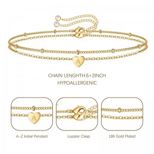 Brățară Hongde Golden Heart litera A placată cu aur de 18K-Z Initial Bracelet Heart Bracelet Stacks