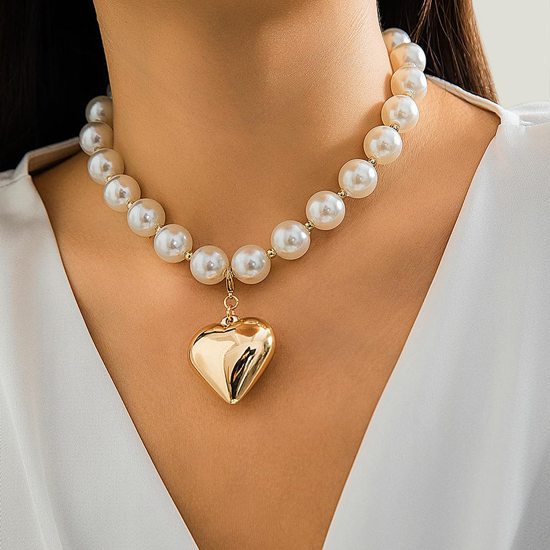 Hongde Colier de inimă pentru femei Colier de inimă groasă din aur Mărgele de perle Colier de choker Colier Y2k Bijuterii la modă Accesorii Cadouri