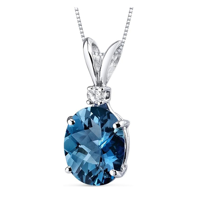 Pandantiv elegant cu piatră prețioasă albastră, aur alb de 14k, oval, 10x8 mm, colier cu piatră denaștere din decembrie