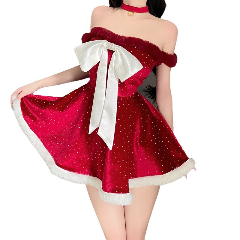 Costumenoi de Crăciun. Crăciun - Îmbrăcăminte tematică pentru Cross - Comerțul exterior de frontieră cu ridicata. Robe de luptă de Crăciun de pluș. Rochii roșii sexy pentrunoul an366 Preț:$199.99