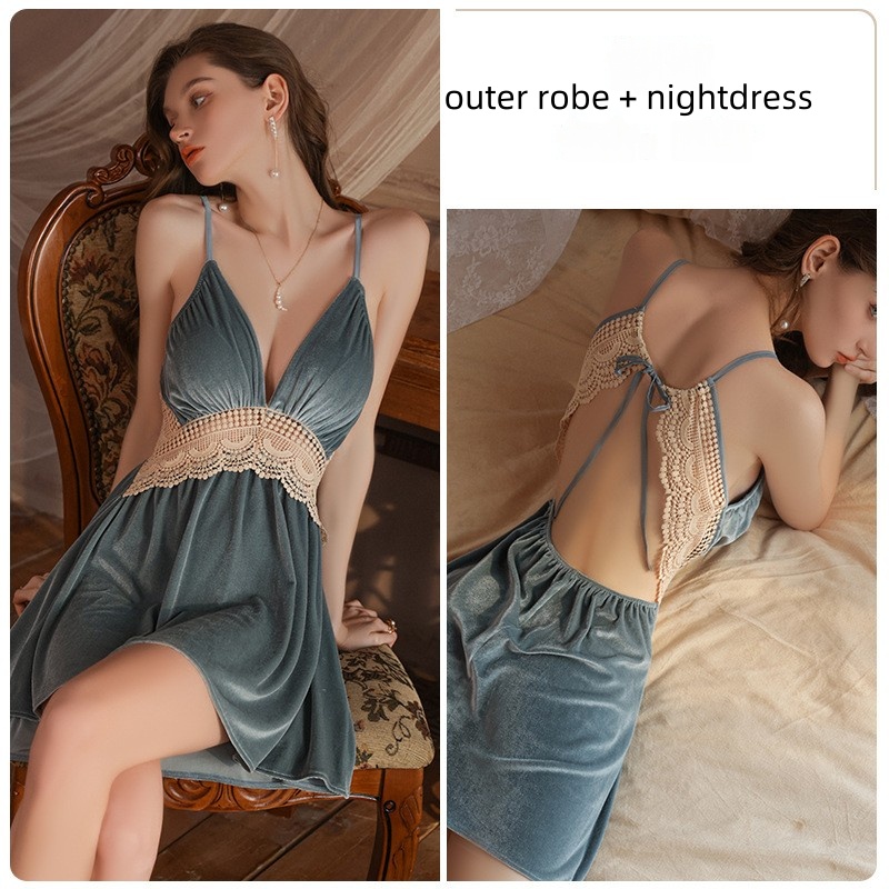 Nou stil de toamnă și catifea de iarnă și Tulle fără spate, sexy profund V-Cârâie denoapte în formă cu construită-în tampoane de sutien și o haină exterioară potrivită, perfectă pentru uzura de acasă4054 Preț:$179.99