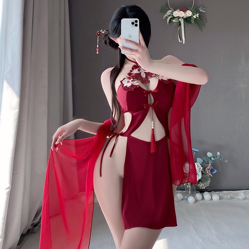 Retro - Set de lenjerie sexy pentru femei: Halter - gât cu cravată - detalii, broderie delicată, pură - încă - Stil atrăgător, gol - design afară și fără spate, într -o uniformă - aspect inspirat 4291price:$169.99