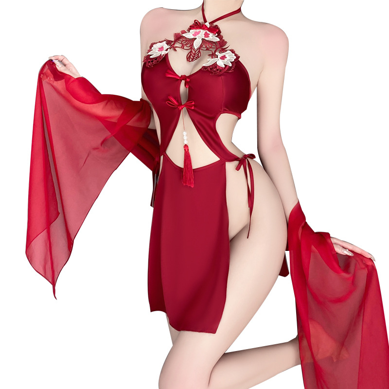 Retro - Set de lenjerie sexy pentru femei: Halter - gât cu cravată - detalii, broderie delicată, pură - încă - Stil atrăgător, gol - design afară și fără spate, într -o uniformă - aspect inspirat 4291price:$169.99