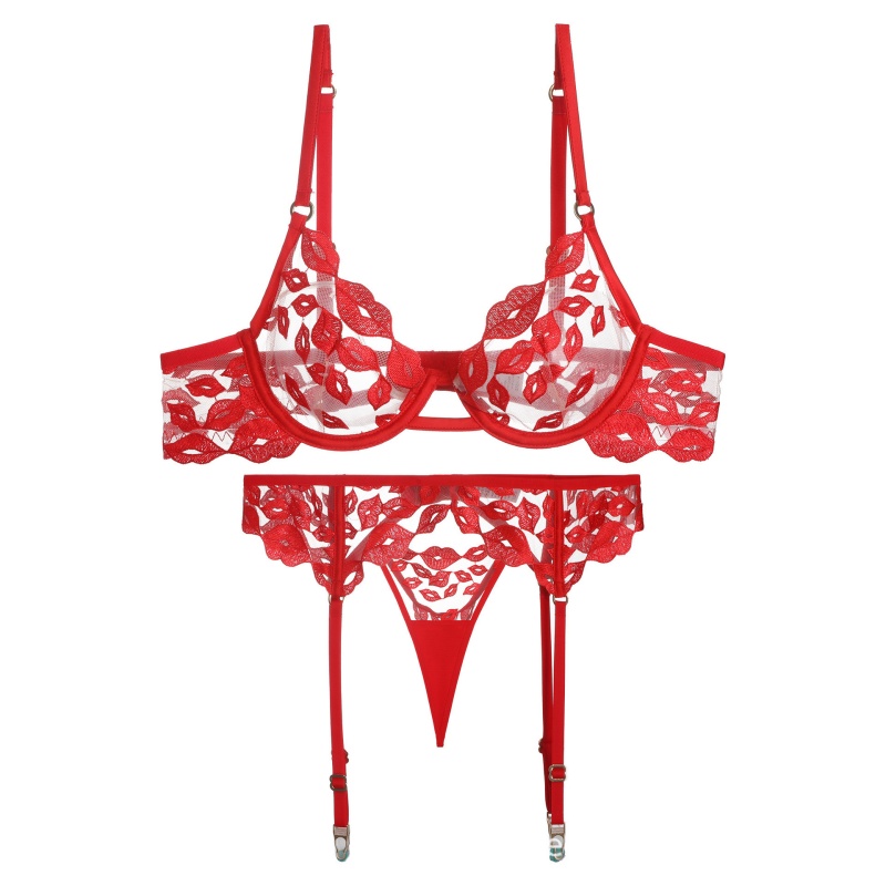 Lenjerie sexy - Ultra-Subțire, cu broderie de buze roșii și dantelă. Ea\Este un sutien set pentru sânii mari care îi face să pară mai mici și împiedică scăderea prețului W7229:$219.99