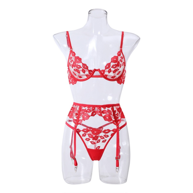 Lenjerie sexy - Ultra-Subțire, cu broderie de buze roșii și dantelă. Ea\Este un sutien set pentru sânii mari care îi face să pară mai mici și împiedică scăderea prețului W7229:$219.99