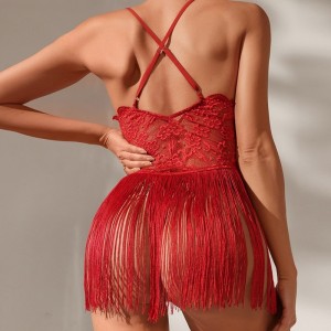 Lenjerie sexy, dantelă sexy, design pur, Deep V - gât pentru un aspect seducător, cu ciucuri - panoul și încrucișat - Rochie cu suspendare susținută, F2640 Preț:$79.99