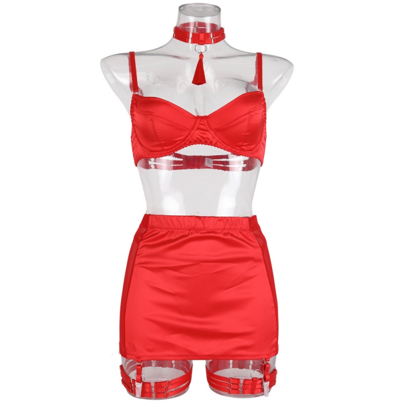 Satin sexy-Fustă creion cu plasă cu plasă cusă\lenjeria de modă cinci-Set de piese.MY96618 Preț:$119.99