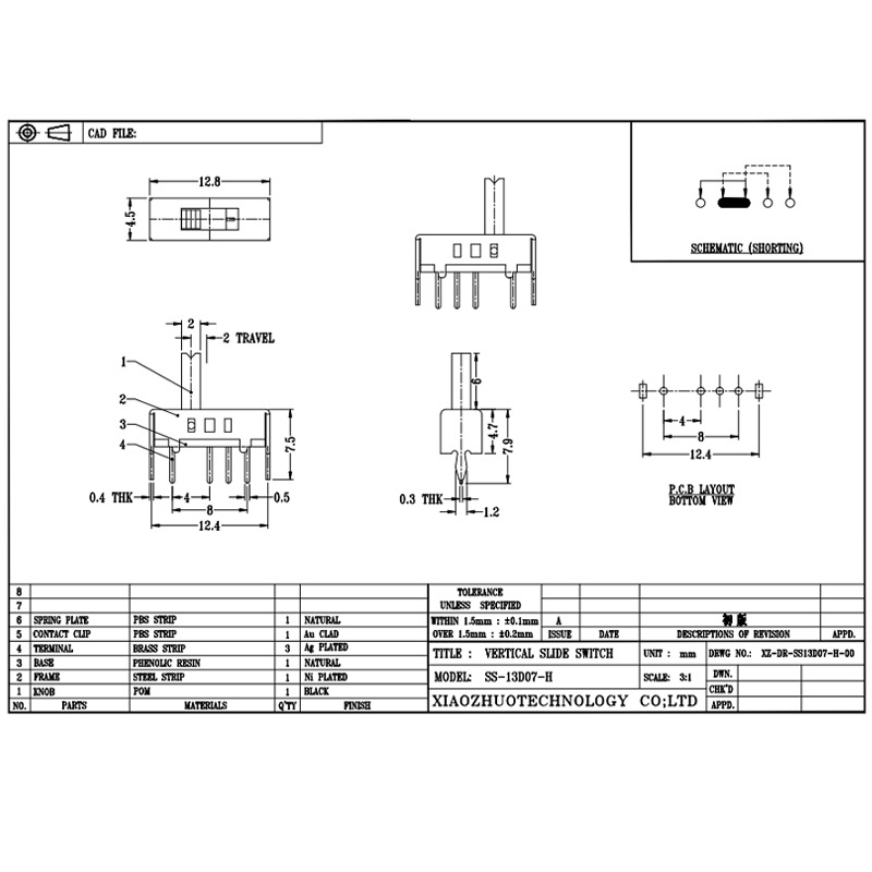 Comutator de diapozitive SS13D07 Single-Rândul patru-Comutator micro -comutator, comutator de comutare verticală pentru aparate electrice, 3, 4, 5 și 6 poziții comutator glisant