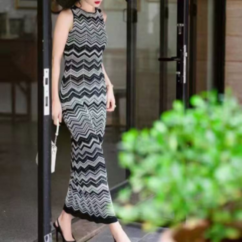 Cardigan intercolor cu mânecă lungă de vară, tricotat de vară-Set de rochii cu dungi tricotate fără mâneci cu gât