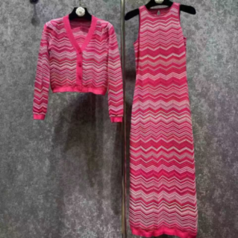 Cardigan intercolor cu mânecă lungă de vară, tricotat de vară-Set de rochii cu dungi tricotate fără mâneci cu gât