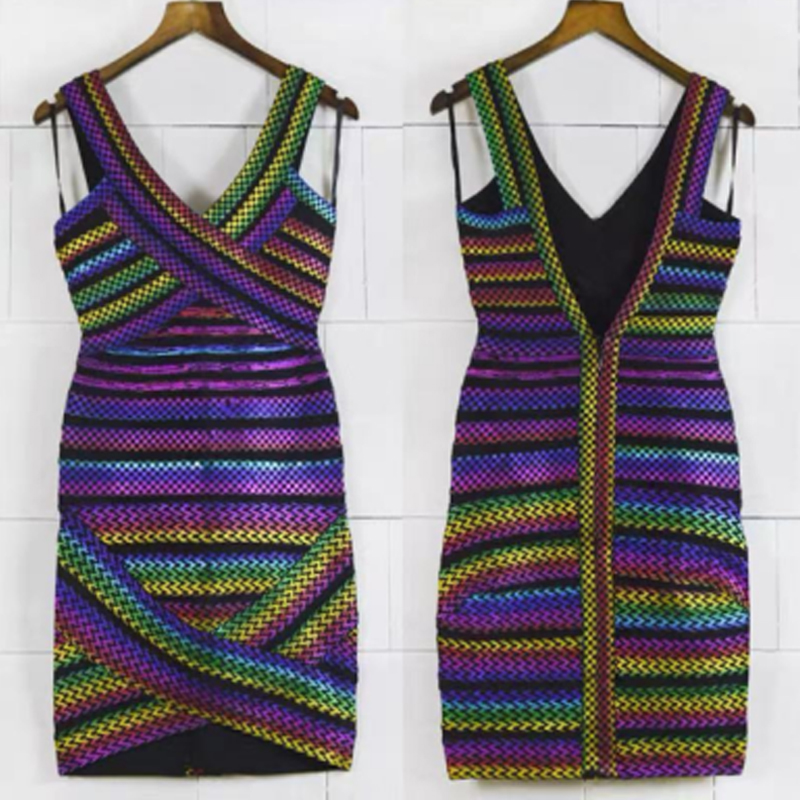 Summer v-gât cu gâturi colorate bandă de cauciuc splicing halter pachet strâns rochii de șold