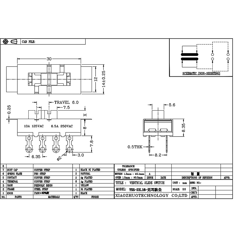 Comutator de diapozitive SS23L16, curent ridicat, trei-poziție, dublă-rând, 8-Pin, comutator de tocat, comutator glisant vertical pentru echipamente mecanice