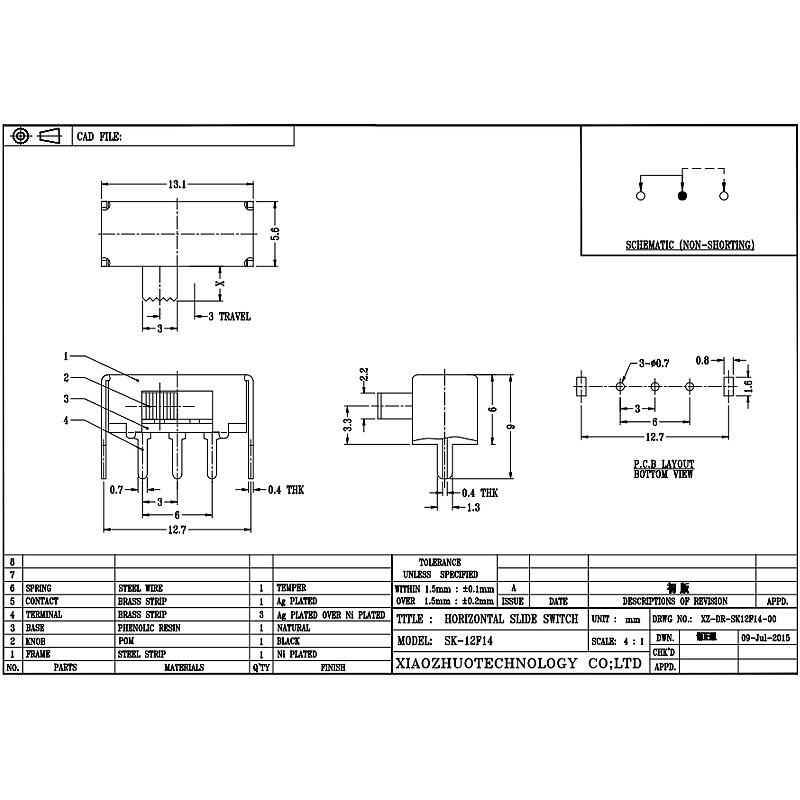Slide Comutator SK12F14 lateral-Trageți întrerupătorul orizontal, partea lămpii de tavan-Trageți comutatorul de diapozitive, singur-Rândul 3-Pinul de diapozitiv vertical