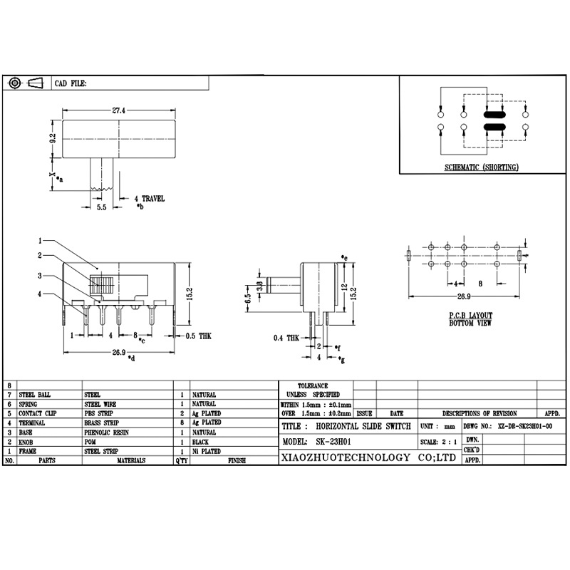 Slide Comutator SK23H01 Bipolar mic-Poziția a doua-rândul opt-Pinul orizontal-Trageți comutatorul de diapozitive 2P3T